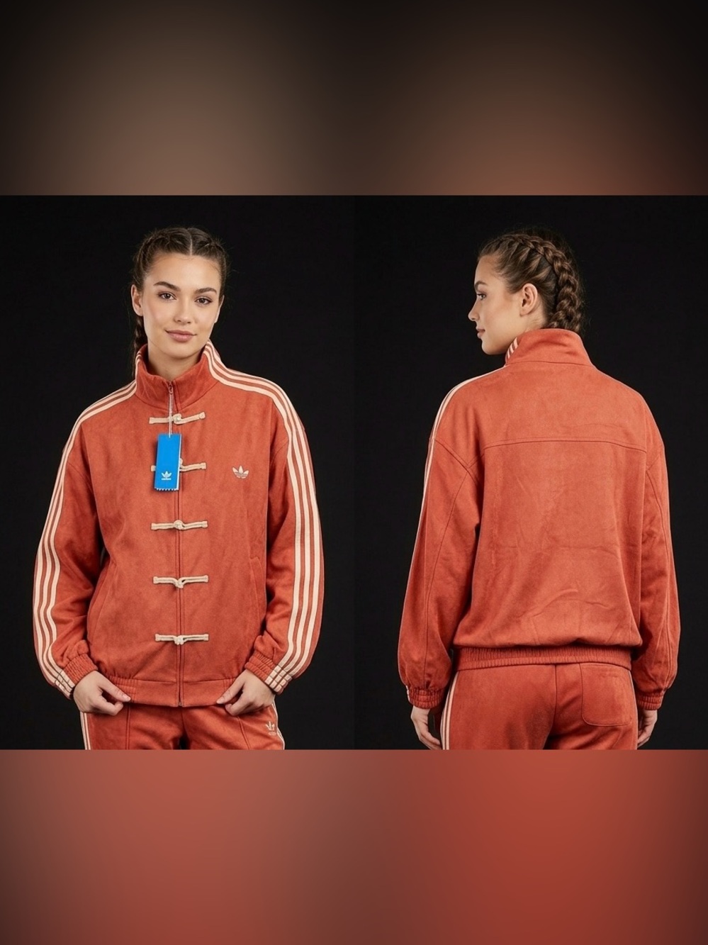 Unisex Rust Orange Terry Bomber Jacket with Three Stripes